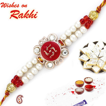 White & Red Swastik Rakhi - RJ17215