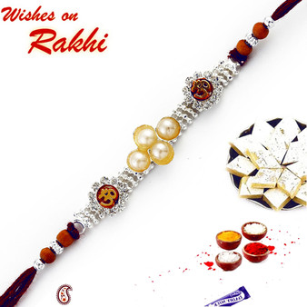 OM Bracelet Rakhi with Pearl and Sandalwood Beads  - RJ17235