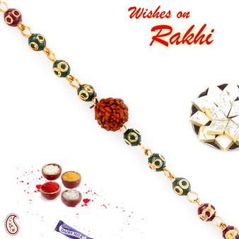 Multicolor Beads Golden Chain Rakhi with Solo Rudraksh - RD17402