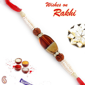 Pearl and Rudraksh Rakhi with Glass Melamine bead - PRL17539