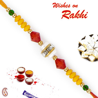 Red & Green Crystal Stone & Yellow Beads Rakhi - RB17612