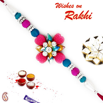 Blue & Pink Beads Studded Floral Shape Rakhi - RB17629