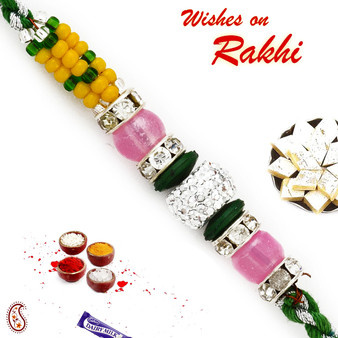 Yellow, Green & Pink Beads Studded Charming Rakhi - RB17636