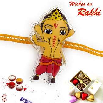 Cute Ganesh Orange Strap Kids Rakhi - RK17785