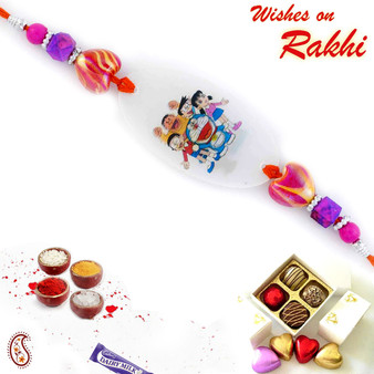 Pink & Purple Beads Doremon Family Motif Kids Rakhi - RK17801