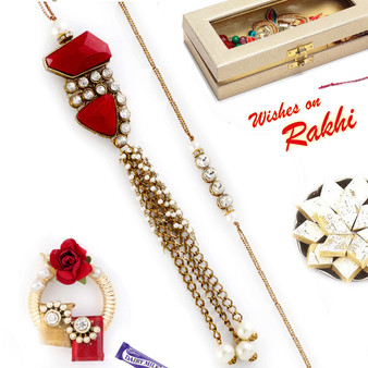 Charming AD Studded Red Crystal Beads Bhaiya Bhabhi Rakhi Set - RP17853