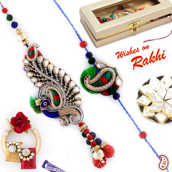 Silver Zardosi Peacock Bhaiya Bhabhi Rakhi Set with Beads - RP17856