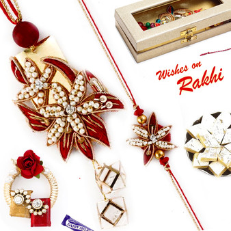 Red & Golden Floral Style Bhaiya Bhabhi Rakhi Set - RP17865