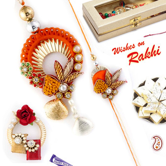 Pretty Shell Style Orange Bhaiya Bhabhi Rakhi Set - RP17875