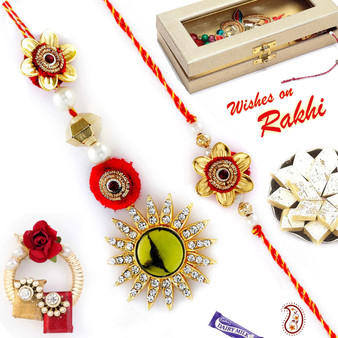 Sun Shaped American Diamond Bhaiya Bhabhi Rakhi Set - RP17896