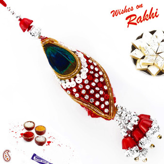 Red & Green Peacock Feather Style Lumba Rakhi - LM171140