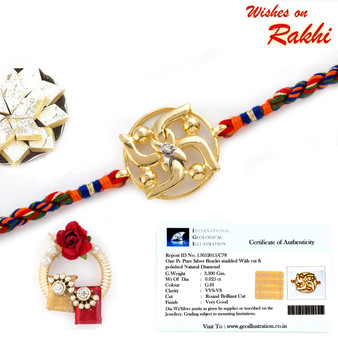 Elegant Circular Cut Gold Plated Swastik Rakhi with Real Diamond stud - GPRS171208