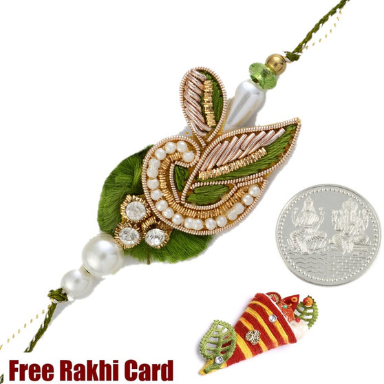 Green Leaf Zardosi Rakhi with Free Silver Coin