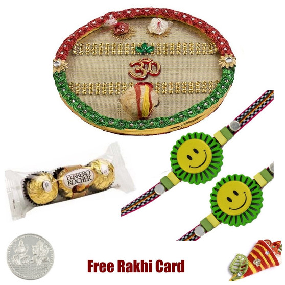 Thali with 2 Kids Rakhis and 3 Piece Ferrero Rocher