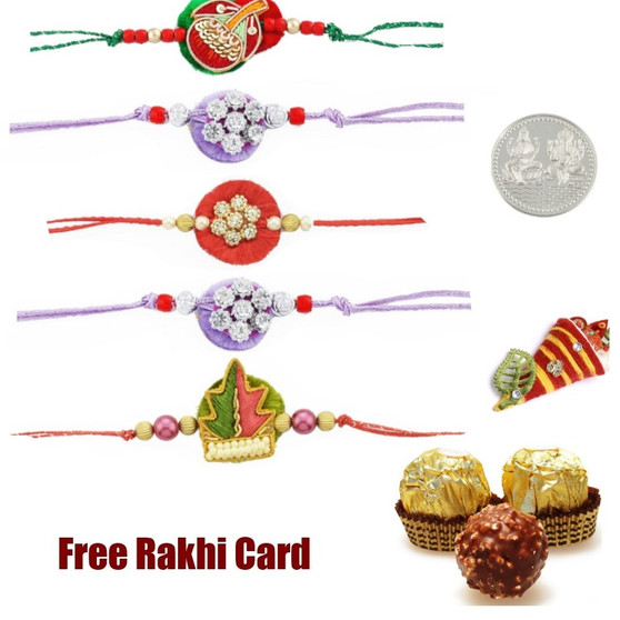 5 zardosi rakhis with 3 piece ferrero rocher - Canada