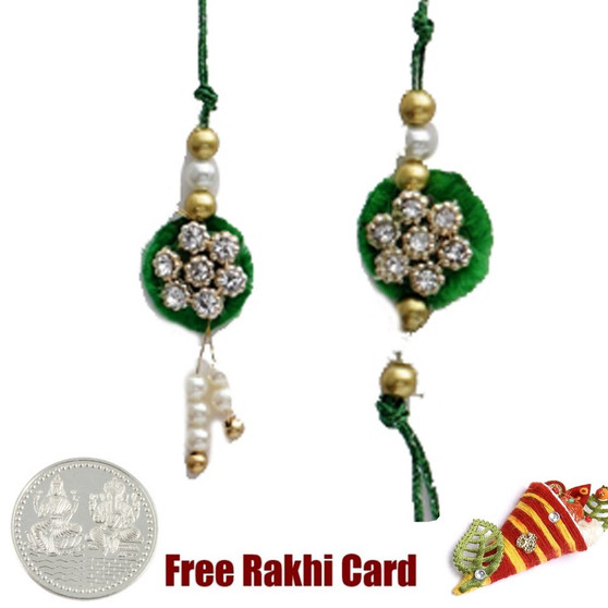 Diamond Flower Zardosi Bhaiya Bhabhi Rakhi Pair with a Free Silver Coin - Canada Delivery