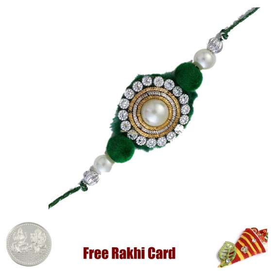 Green Diamond Zardosi Rakhi with Free Silver Coin - UK Delivery