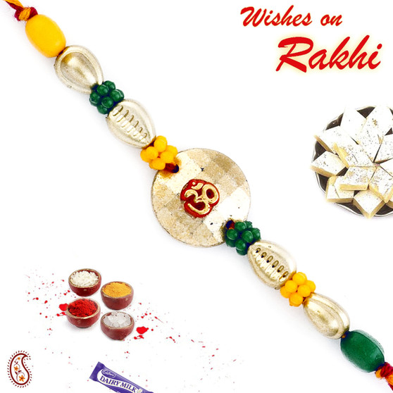 Om & Colorful Beads Mauli Thread Rakhi - PRS1715