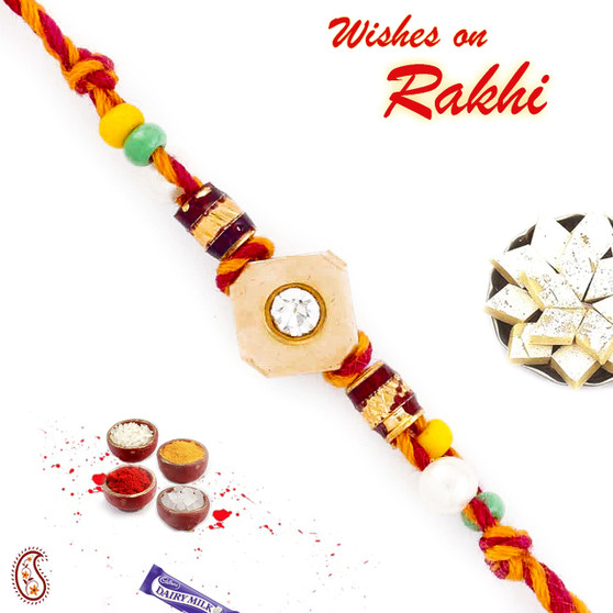 Square Motif & Colorful Beads Mauli Rakhi - PRS1740