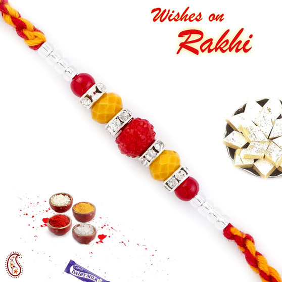 Red & Yellow Beads Mauli Rakhi - PRS1744