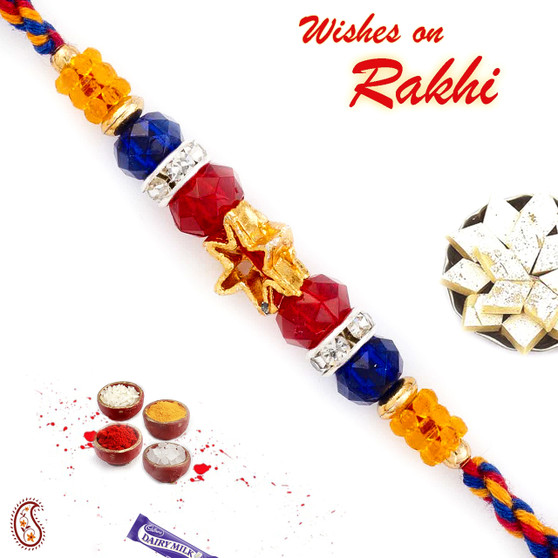 Golden Star & Colorful Crystal Beads Studded Rakhi - PRS1760
