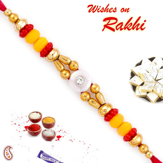 Red & Yellow Beads Lovely Mauli Thread Rakhi - PRS1761
