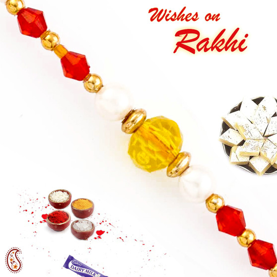 Yellow & Red Crystal Beads Thread Rakhi - PRS1768