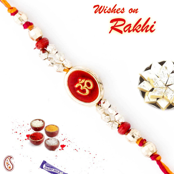 Beautiful Red & Gold Beads Studded OM Thread Rakhi - PRS1770