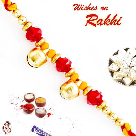 Twin Golden Bell Beads Mauli Thread Rakhi - PRS1775