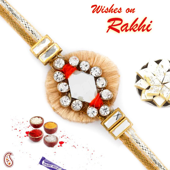 AD Studded Beautiful Zardosi Rakhi with Beige Base - PRS17120