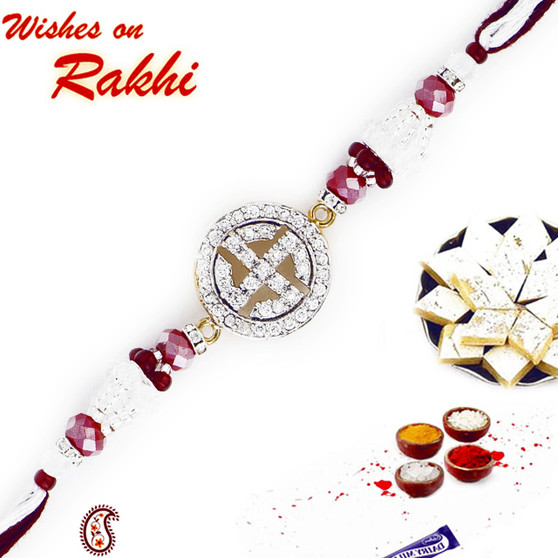 Pink & Maroon Crystal Swastik Motif Rakhi - RJ17219