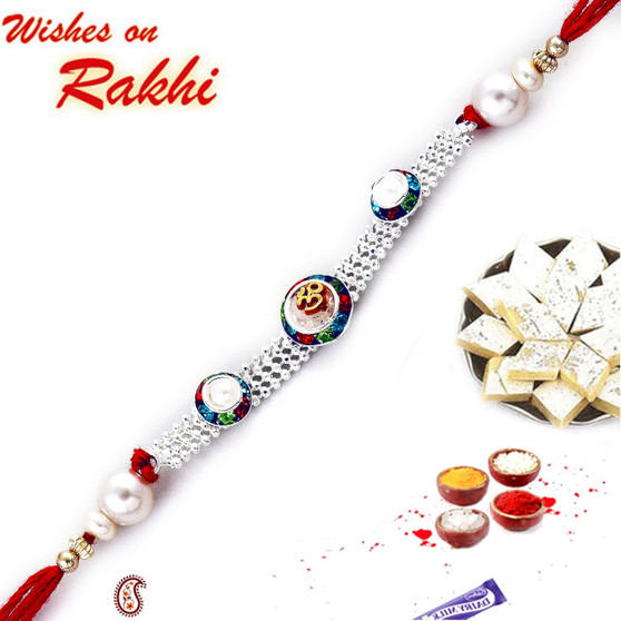 Multicolour Crystal Beads and Chain Om Rakhi with Pearls - RJ17232