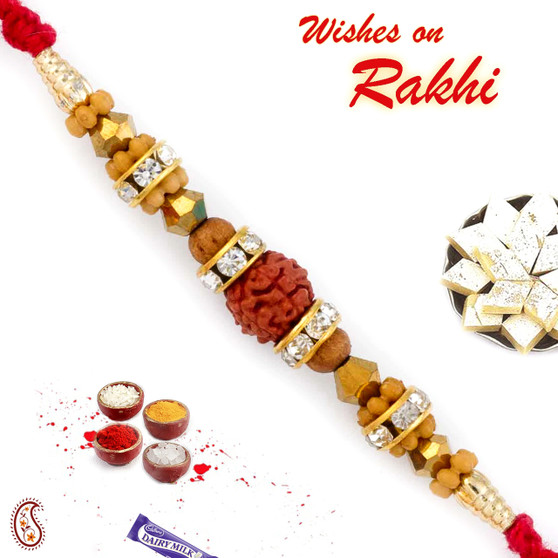 Brown & Golden Beads Studded Rudraksh Rakhi - RD17431