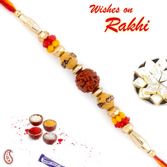 Yellow & Red Beads Studded Elegant Rudraksh Rakhi - RD17432