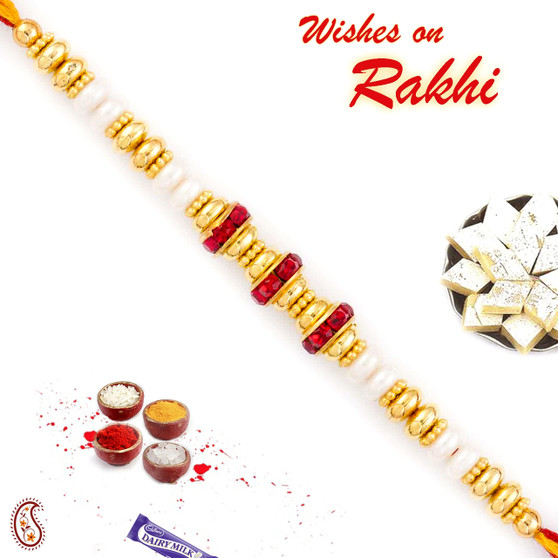 Golden Beads & White Pearl Thread Rakhi - PRL17516