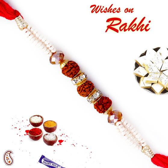 Pearl string Rakhi with Three Rudraksh  - PRL17521