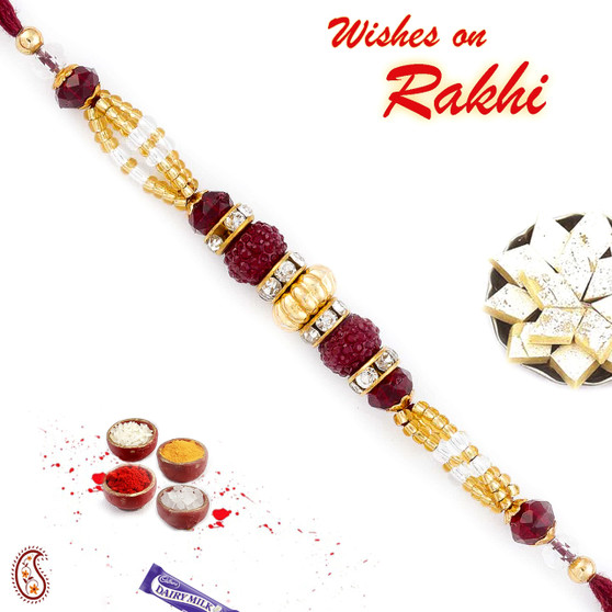 Golden & Magenta Beads Studded Beautiful Rakhi - RB17609