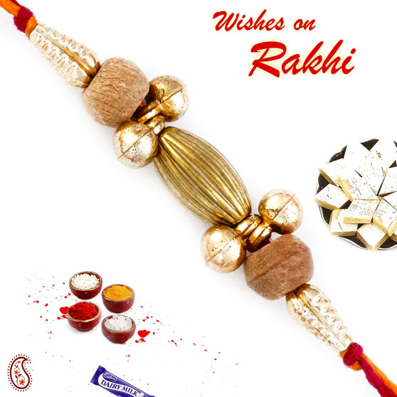 Gold & Beige Sandalwood Beads Rakhi - SW17651