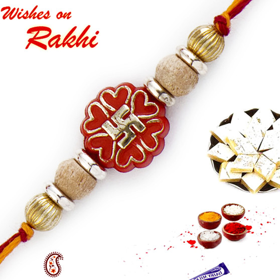 Stylish Golden Swastik Motif & Sandalwood Beads Rakhi - SW17660