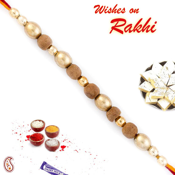 Oval Shape Beige & Golden Sandalwood Rakhi - SW17666