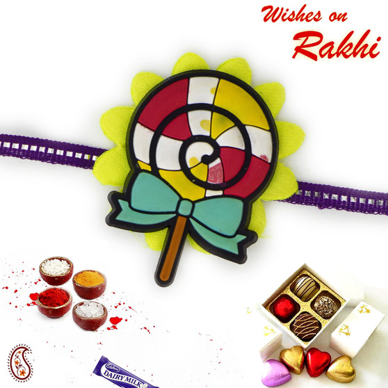 Yellow & Red Candy Rakhi with Purple Band - RK17725