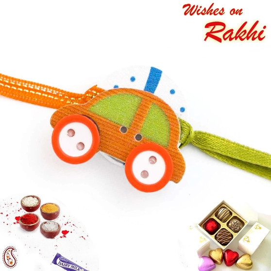 Lovely Green & Orange Car Motif Kids Rakhi - RK17740