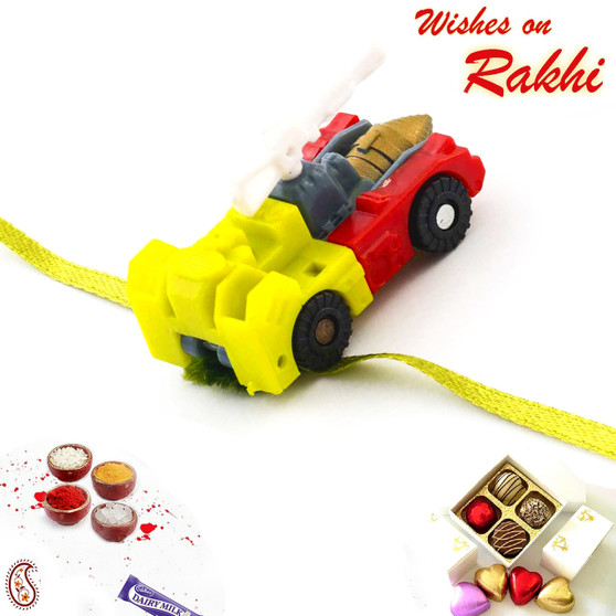 Yellow & Red Cute Motor Car Motif Kids Rakhi - RK17742