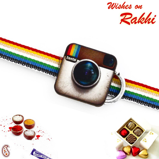 Multicolor Band Kids Rakhi with Instagram Camera Motif - RK17749