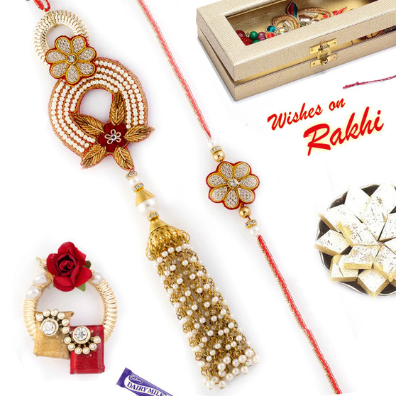 Beautiful Sparkling Beads Work Zardosi Bhaiya Bhabhi Rakhi Set - RP17851