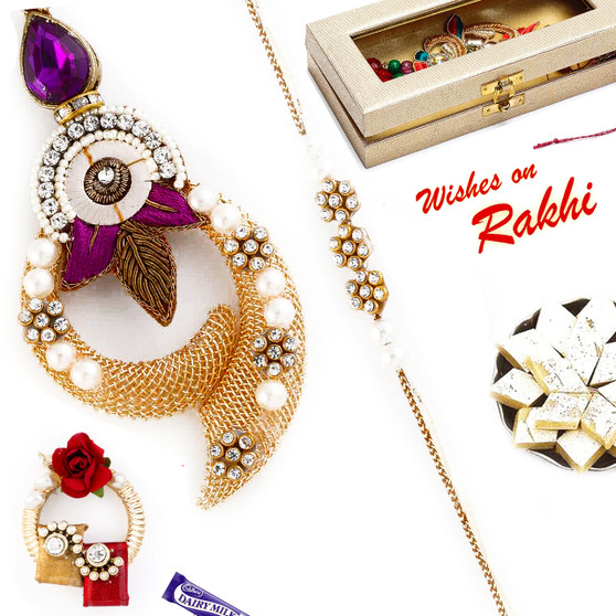 Net Patterned AD Studded Bhaiya Bhabhi Rakhi Set - RP17860