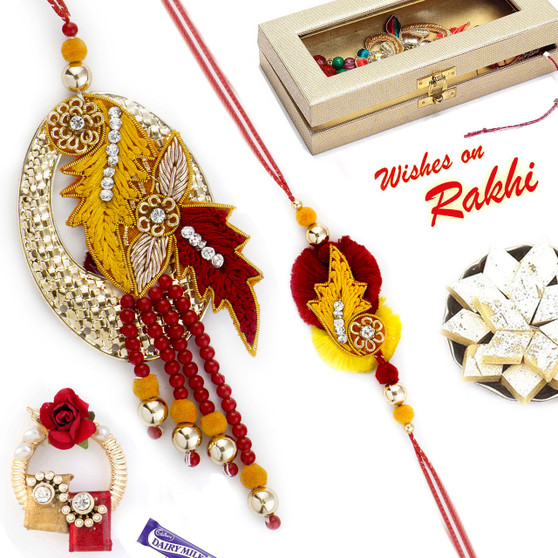 Beautiful Floral Zardosi Bhaiya Bhabhi Rakhi Set - RP17881