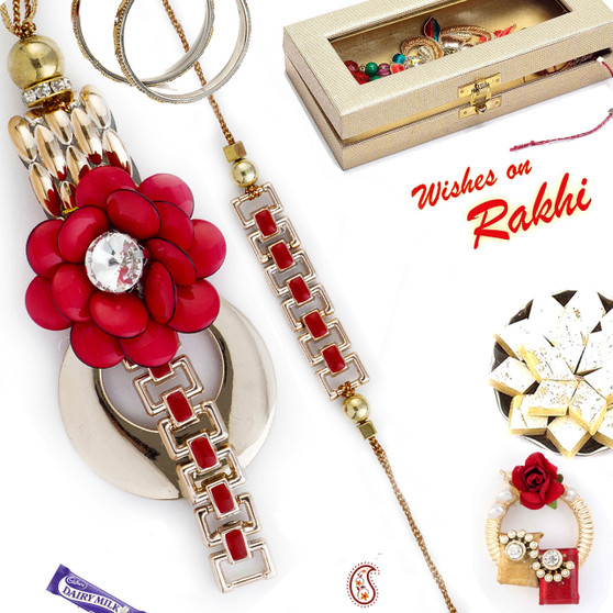 Pretty Red Stone Studded Floral Shape Bhaiya Bhabhi Rakhi Set - RP17891