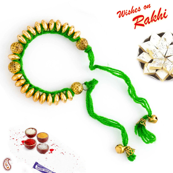 Golden Beads Tied in Green Thread Lumba Rakhi - LM171109