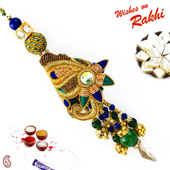 Lovely Green Shade Zardosi Work Dangling Lumba Rakhi - LM171133